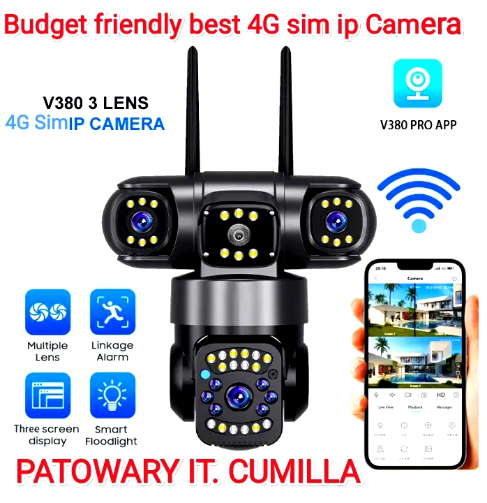 V380 pro Three 3 Lens 4G Sim IP Camera HD 6MP Outdoor Waterproof Full Color Night Vision PTZ CCTV Security camera
