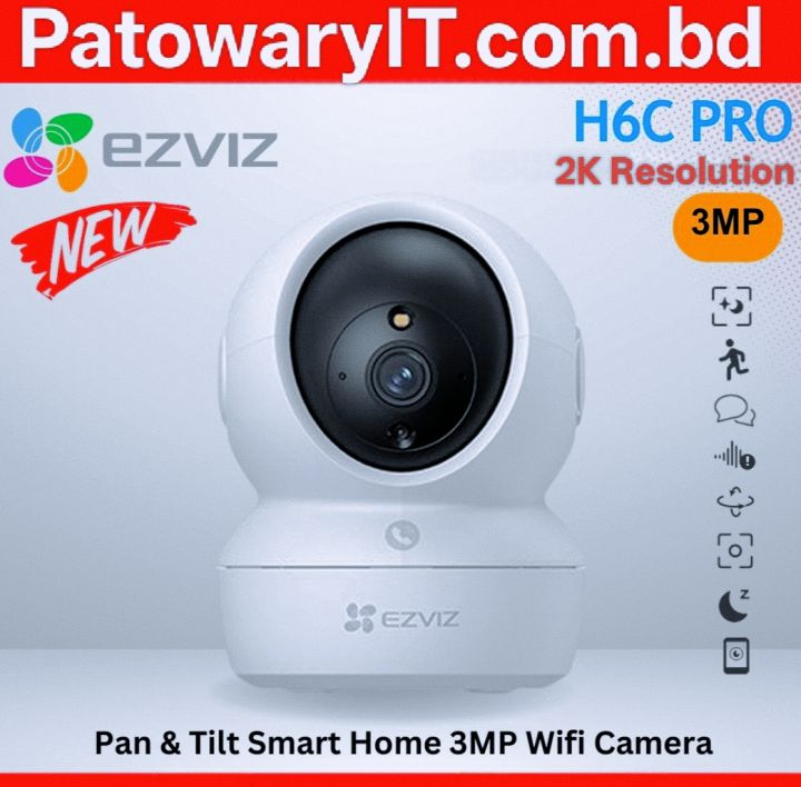 EZVIZ H6c Pro 2K 3MP PTZ Pan & Tilt  Smart Home WiFi IP Security Camera, Full HD 360° Visual Coverage 3 Mega Pixel Camera - Smart IR for Clear Night Vision, Auto Motion Tracking with 2 way audio and 1 year warranty